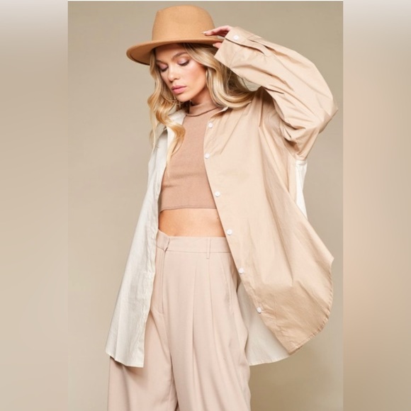 White & Tan Color Block Oversized Button Down Cotton - Picture 3 of 7